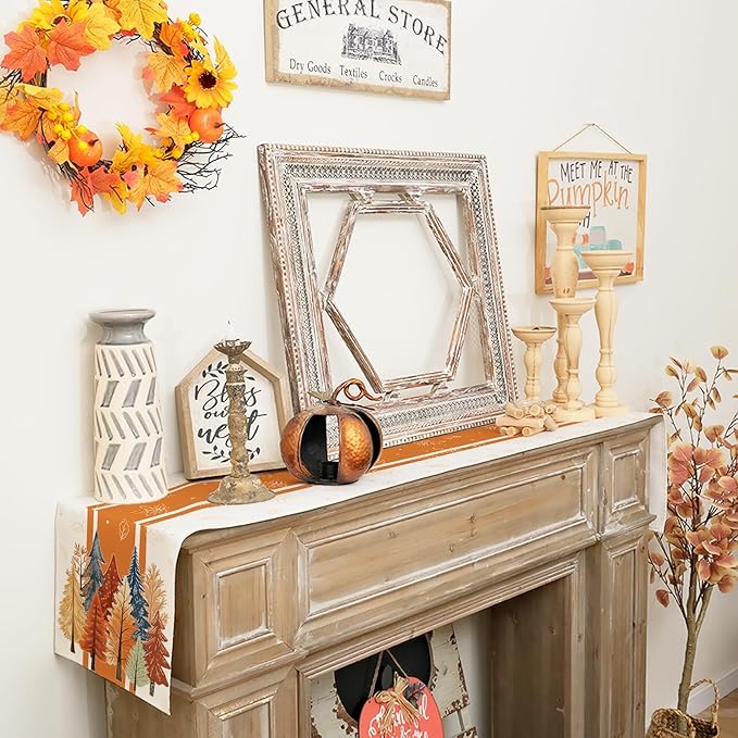 GEEORY Fall Watercolor Trees & Maple Leaves Striped Table Runner 13x108 Inch, Rustic Farmhouse Autumn Thanksgiving Decor for Kitchen, Dining, Indoor/Outdoor Holiday Dinner Party Orange GT157-108