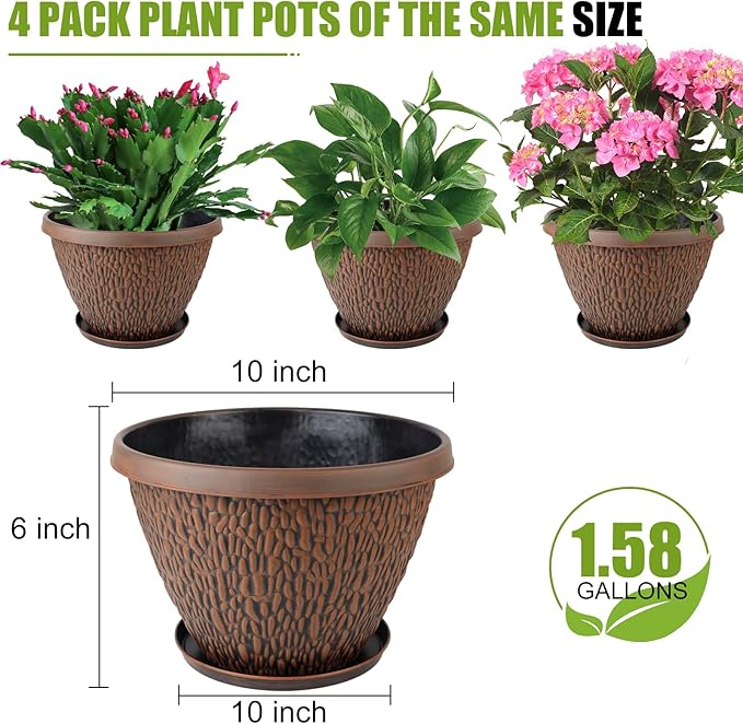 4 Pack 10 Inch Plant Pot, Flower Pots Outdoor with Drainage Hole & Tray, Thickened Plastic Planters for Indoor Outdoor Plants, Lightweight Modern Decorative Garden Pot with Saucer