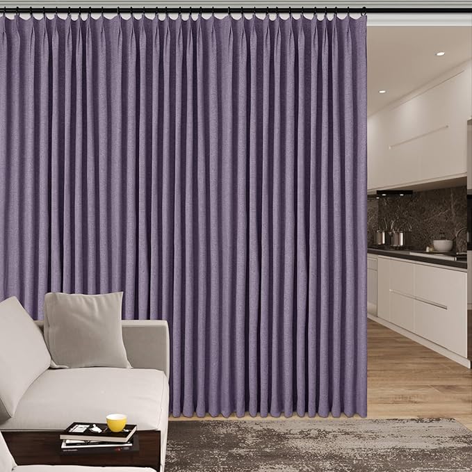 100% Blackout Linen Textured Drapes for Bedroom Pinch Pleated Curtains for Track System Portable Drapery for Sliding Glass Door/Storage/Space Room Divider, 70" Wx96 L, 1 PC, Violet