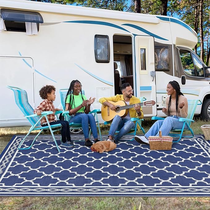 GAOMON Outdoor Rug for Patio 5'x8' Reversible Plastic Rugs Camping Mat for Outdoor, RV, Backyard, Deck, Balcony, Picnic, Beach, Navy/White(Geometric)