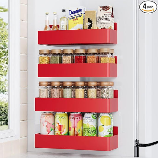 Magnetic Spice Rack for Refrigerator, Kitchen Organizer and Storage Shelf, Red (4 Pack)…