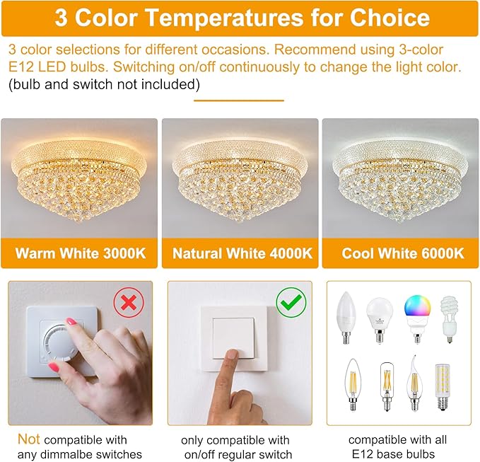 12-Light Crystal Flush Mount Chandelier Ceiling Light Fixture for Living Room Dining Room Bedroom Foyer Entryway Hallway Closet Bathroom (Gold D24)