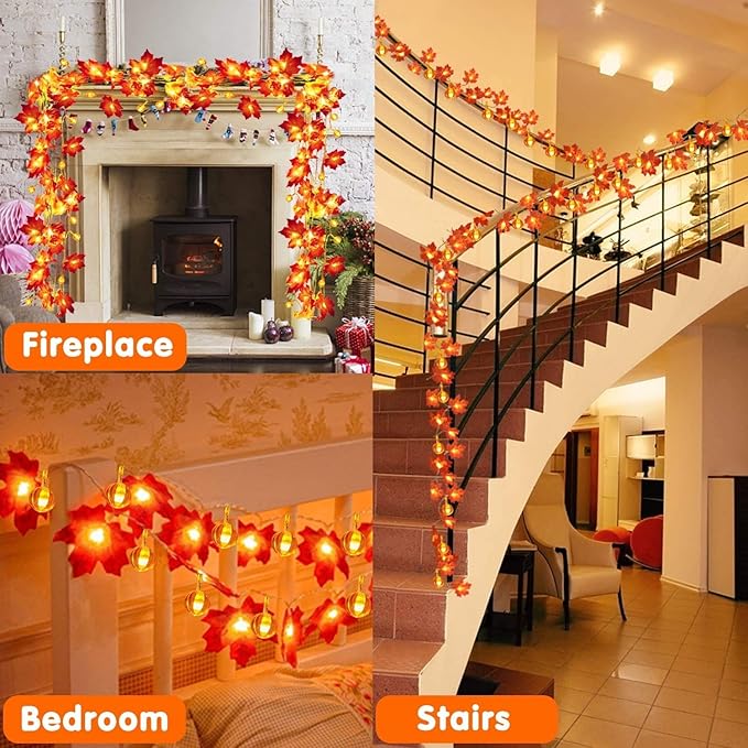 2 Pack Fall Garland with Pumpkin Lights Halloween Decorations Indoor 60 LED 20 Ft Enlarged Maples Leaves Fall Lights Battery Operated Halloween Garland Thanksgiving Decor Home Indoor Outdoor Christmas