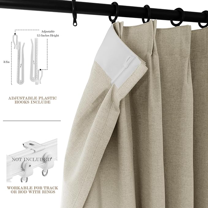 70" W x 108" L Faux Linen Room Divider Curtains, Full Blackout Pinch Pleated Drapes for Traverse Rod, Bedroom Divider Privacy Drapery with Hooks for Ceiling Track, 1 Panel, Beige
