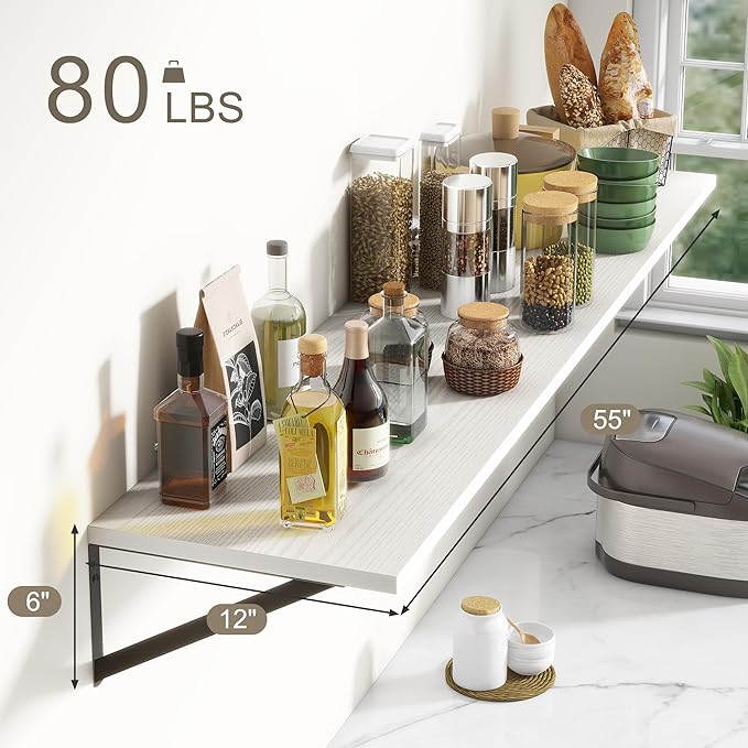 Fun Memories Deep Floating Shelves, 55W x 12D Floating Shelves for Wall, Wood White Floating Shelf with Bracket, Wide Display & Storage Wall Shelves for Living Room, Bedroom,