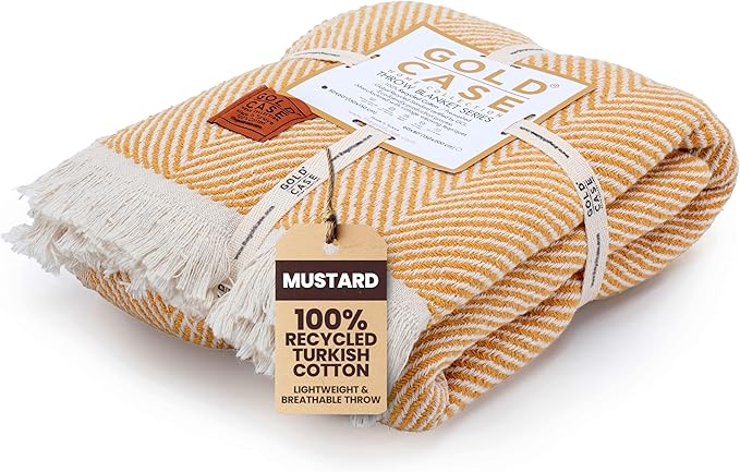 Gold Case Throw Blanket for Couch – 100% Recycled Turkish Cotton Blankets & Throws – Elegant Decorative Throw Blankets for Living Room Sofa – Woven Throws for Couch – Elegant Mustard – 60x80