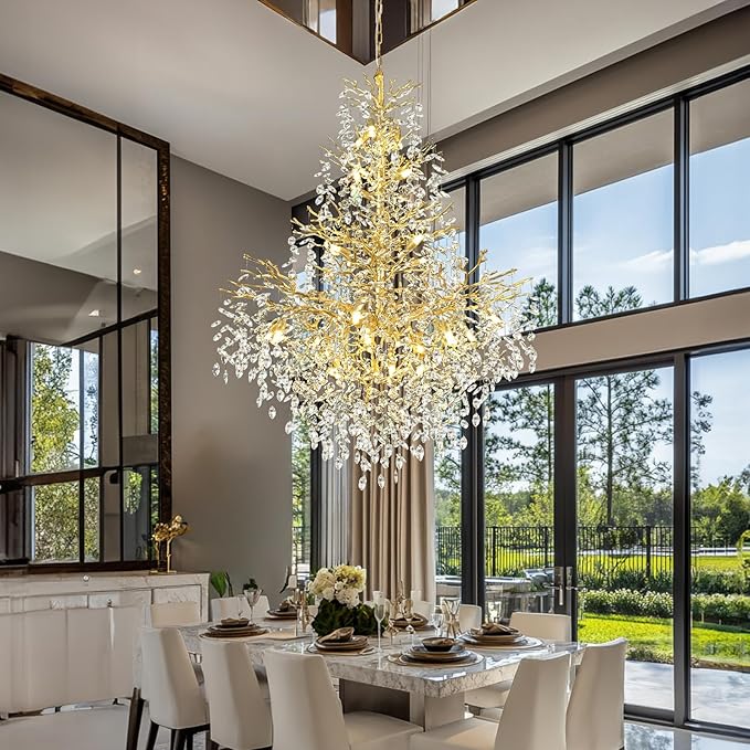 H65'' Gold Tree Branch Crystal High Ceilings Chandeliers, 27-Lights Modern K9 Crystal Staircase Chandeliers, D48'' Foyer Chandelier for High Ceiling, Luxury Large Living Room Chandelier