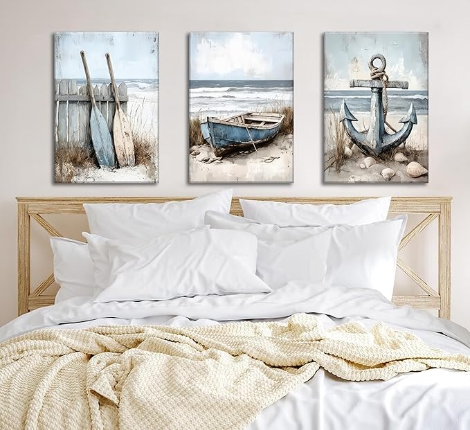 3Pcs Coastal Beach Canvas Wall Art Sailboat Paddle And Anchor Paintings Pictures Wall Decor Nautical Posters Prints Artwork Suitable for Living Room Bedroom Home Office Corridor Home Decroation