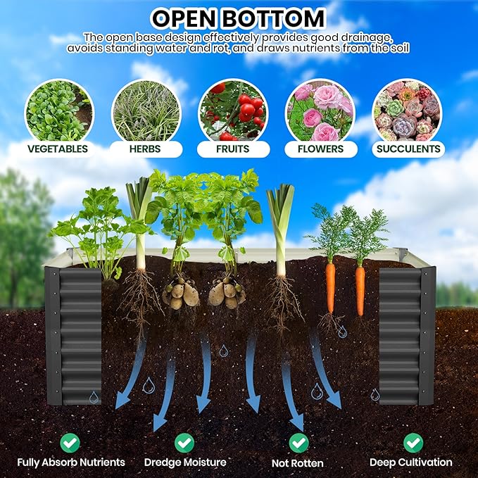 Galvanized Raised Garden Bed Outdoor, 2 Pcs 6x3x2FT Outdoor Large Planter Raised Beds Open Base with Safety Edge and Glove for Vegetables Flowers Ground Planter, Dark Gray