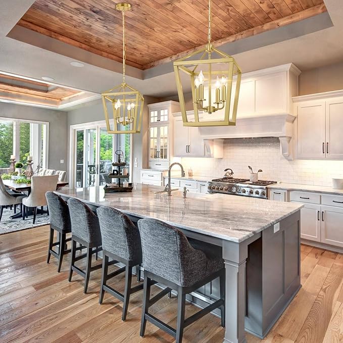 Gold Chandelier 4-Light, Farmhouse Pendant Light Fixture Adjustable Height, Modern Dining Room Light Fixture, Lantern Ceiling Hanging Lighting with Metal Cage for Kitchen Island Entryway Foyer