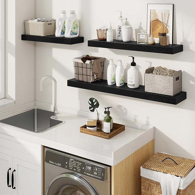 fuqing Floating Shelves for Wall, Bathroom Shelf Wall Mounted for Storage, Shelves with Invisible Bracket for Bedroom, Kitchen, Living Room, Farmhouse Small Book Shelf, 40 Inch Set of 2, Black