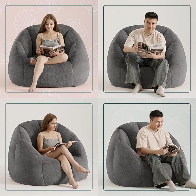 Giant Bean Bag Swivel Chair for Adults - Comfy Plush Round Shell Soft Accent Beanbag Chair, Oversized Cozy Floor Sofa Reading Chair for Living Room, Bedroom & Game Rooms, Gray