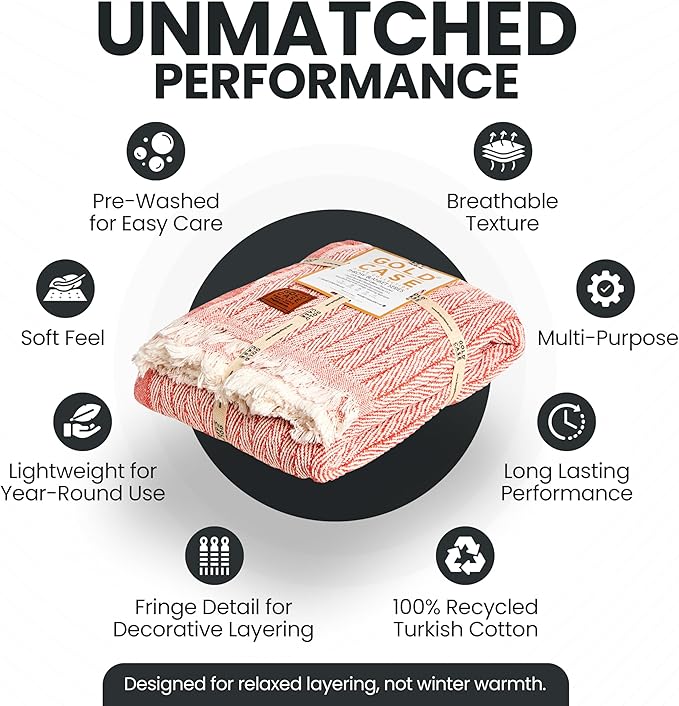 Gold Case Throw Blanket for Couch – 100% Recycled Turkish Cotton Blankets & Throws – Elegant Decorative Throw Blankets for Living Room Sofa – Woven Throws for Couch – Vintage Orange – 60x80