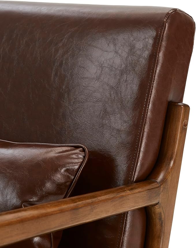 Glitzhome 2 Set Mid Century Coffee Accent Armchair, Single Reading Armchair PU Leather Lounge Chair with Walnut Ruberwood Frame