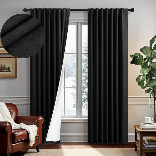 72 Inches Long Blackout Curtains 72 Inch Length for Living Room 2 Panel Set Linen Black Out Thermal Insulated Darkening Back Tab Thin Lightweight Complete Saver Energy Saving Curtain Drape for Bedroom