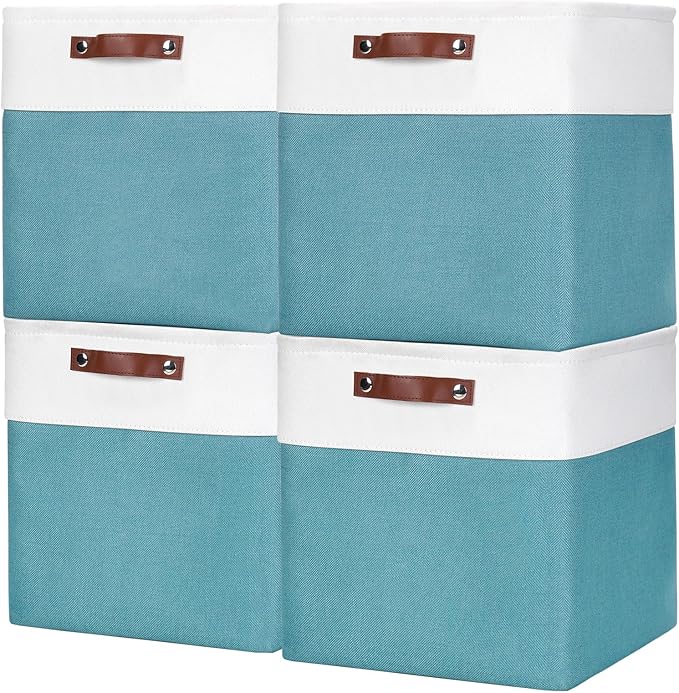 13x13 Cube Storage Bins, Collapsible Fabric Storage Box, 4 Pack Closet Baskets with Handles for Organizing, Shelf, Toys, Clothes, Home, Office, Nursery (Teal&White)