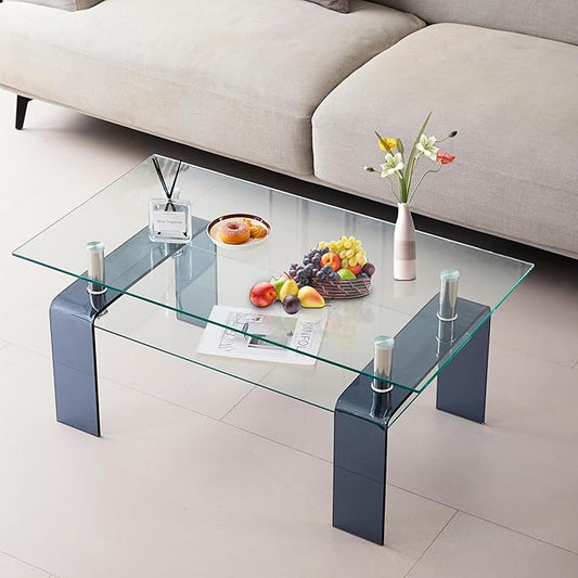 Glass Coffee Table Rectangle Living Room Center Table with Storage, Clear Tempered Glass Tabletop and Smoke Grey Leg,for Living Room and Office (Clear+Smoke)