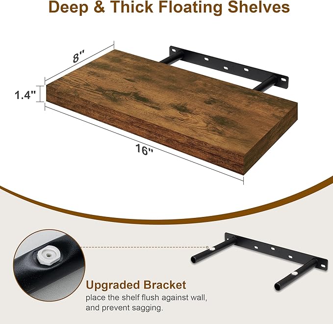 Fun Memories Floating Shelves for Wall, 8 Inch Deep Floating Wall Shelf, 16" x 8" Floating Shelves - Set of 2, Rustic Wooden Storage Shelves for Bathroom, Living Room, Kitchen, Rustic Brown Color
