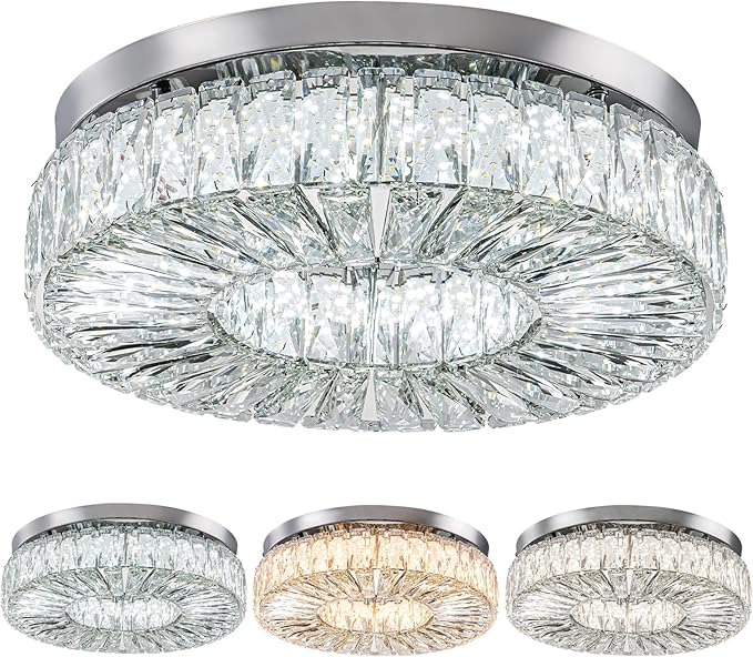 16.5 Inch Dimmable Chandelier with Remote Control LED Crystal Chandelier Modern Flush Mount Ceiling Light Fixtures for Living Room Bedroom Dining Room Entrance (dimmable-16.5")