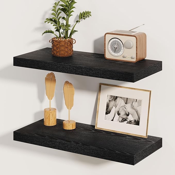 Fun Memories Rustic Black Floating Shelves 24 Inch Long, 8 Inch Deep Floating Shelf, 24 x 8 Wall Shelves Set of 2, Deep Black Bathroom Shelves, 24 Long Floating Bookshelf Wall Mounted