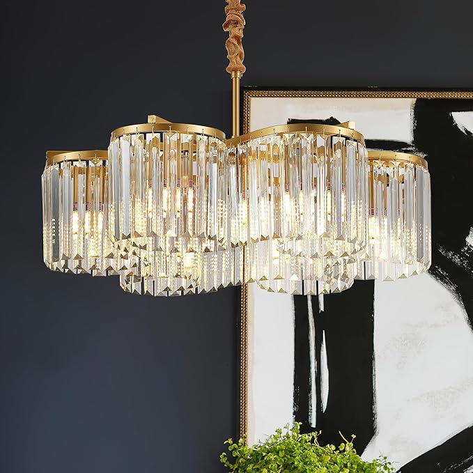 24.4“ Gold Semi Flush Mount Ceiling Light Fixtures, 6-Light Gold Modern Crystal Chandelier Height Adjustable Pendant Lighting for Bedroom Entryway Hallway Kitchen Island Living Room Foyer