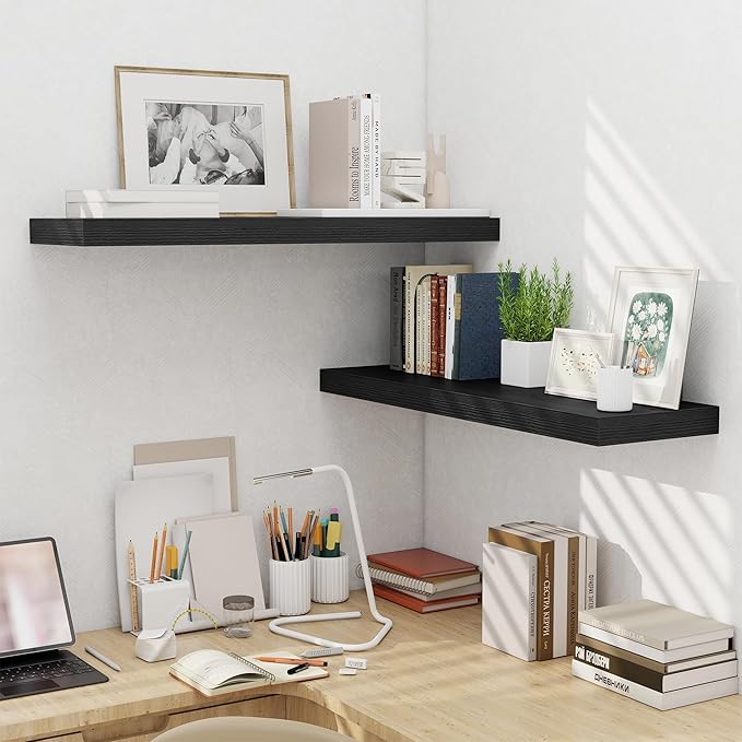 Fun Memories Floating Shelves for Wall 36 Inches, Wood Shelves with Invisible Bracket, 10" Deep Shelves Wall Mounted, Large Wood Floating Shelves for Living Room Bathroom, Black, Set of 2