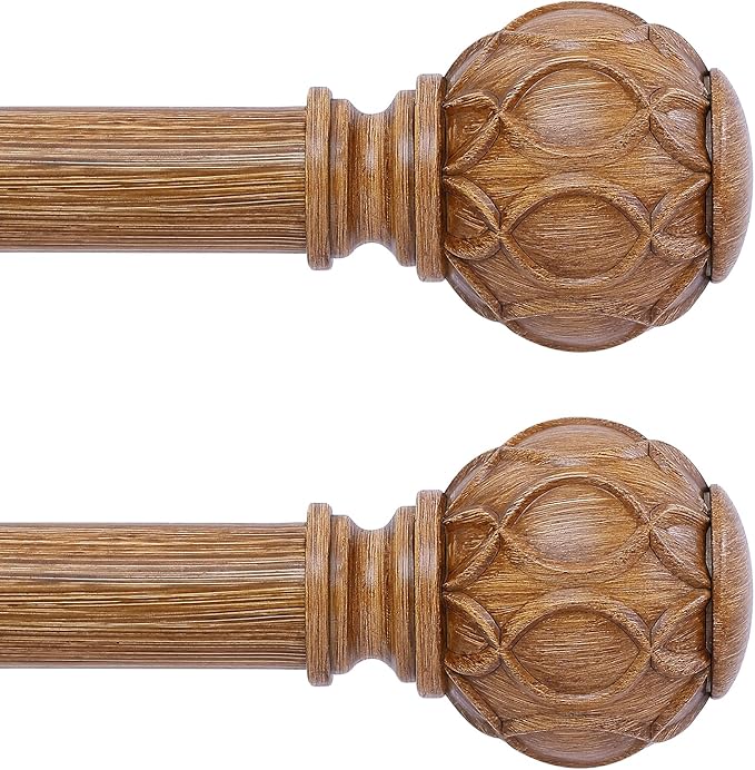2 Pack Wood Curtain Rods for Windows 66 to 120 Inch,1 Inch Adjustable Curtain Rod Set,Heavy Duty Curtain Rods,Wooden Netted Texture Drapery Rods,Single Window Curtains Rods 66-120",Brown Wood