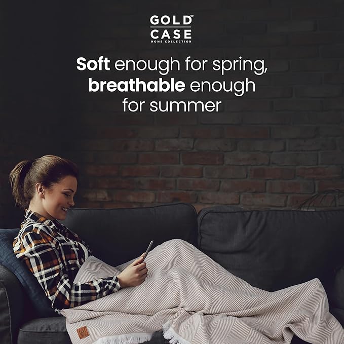 Gold Case Throw Blanket for Bed – 100% Recycled Turkish Cotton Bed Blanket – Decorative Throw Cotton Blankets for Living Room & Bedroom – Woven Twin Blankets - 71x90 - Elegant Grey