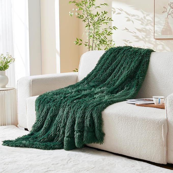 GONAAP Fuzzy Faux Fur Throw Blanket Dark Green Super Soft Cozy Plush Fuzzy Shaggy Blanket for Couch Sofa Bed (Dark Green, Throw(50"x60"))