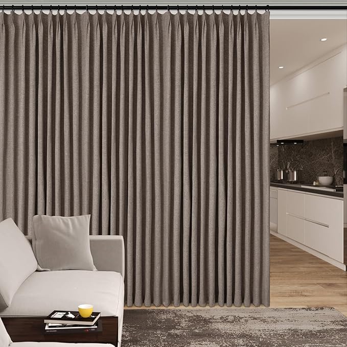 150 Inches Extra Wide Room Divider Draperies, Pinch Pleat Drapes, Absolutely Blackout Sliding Door Drapery, Total Privacy Ceiling Track Curtains, 150" W by 102" L, Light Coffee (1 Panel)