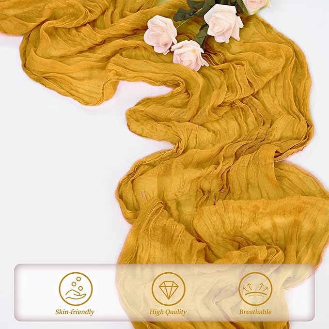 6 Pack Mustard 10FT Cheesecloth Table Runner Rustic Gauze Fabric Cheese Cloth Table Runner for Wedding Bridal Baby Shower Table Decor Boho Sheer Birthday Party Table Decorations 20 x 120 Inch Long