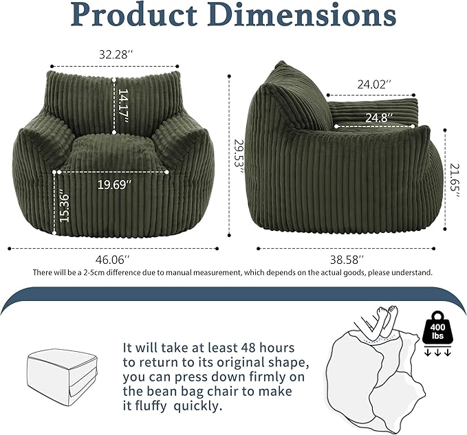 Giant Plush Bean Bag Chair for Adults with Armrests - Oversized Comfy Green Beanbag Lounge Lazy Floor Sofa Accent Chair for Living Room, Bedroom & Dorm, Cozy Fluffy Single Cloud Mini Couch