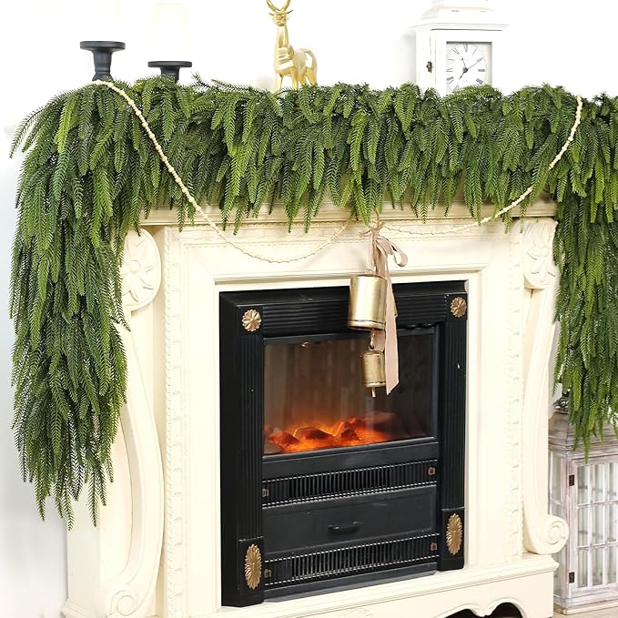 6FT Christmas Norfolk Pine Garland -2PCS, Artificial Pine Needles Garlands Faux Greenery Fake Garland for Holiday Fireplace,Table,Window,Stairs,Mante,Indoor Outdoor Decor
