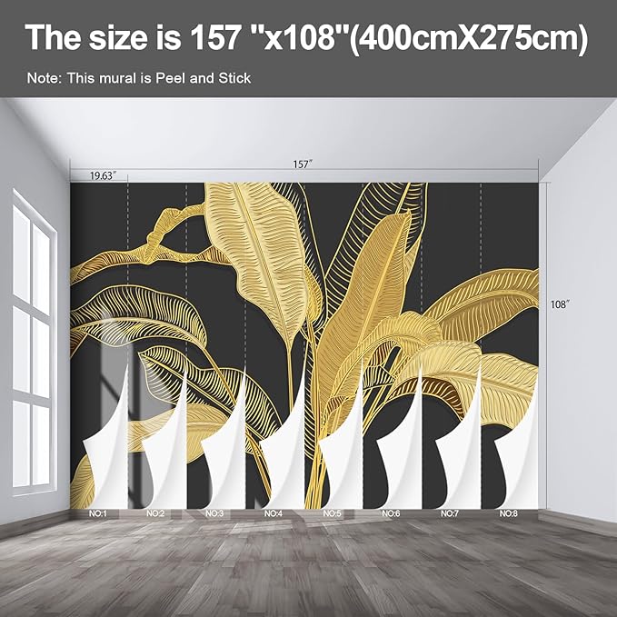 Gold Banana Leaf Wall murals Peel and Stick Wallpaper for Bedroom Living Room - 108"x157"