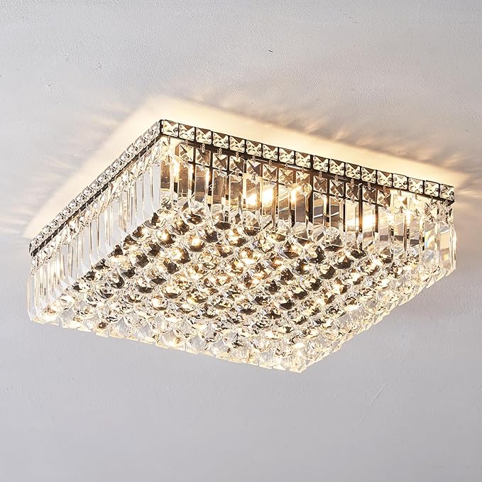 12-Lights Black Crystal Flush Mount Ceiling Light Fixtures,Elegant Crystal Chandelier Pendant Ceiling Lamp for Bedroom,Living Room,Dining Room,Hallway H5.9 x W20 x L20 (Bulb Not Included)Square