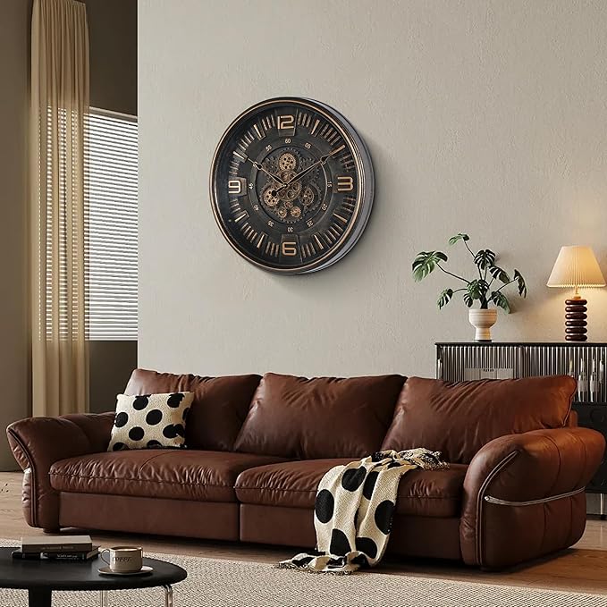 20in Large Real Moving Gears Wall Clock for Living Room, Battery Operated Wall Clocks Decorative Vintage, Home Office Clock, Gift for Family, Friends