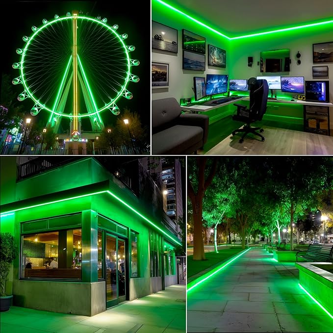 GZBtech Flexible LED Neon Rope Lights 50FT,AC 110-120V Waterproof Strip Light, 120 LEDs/M Cuttable Connectable Neon Lighting for Indoor Outdoor Home Decor/Commercial Building Use-Green 15M