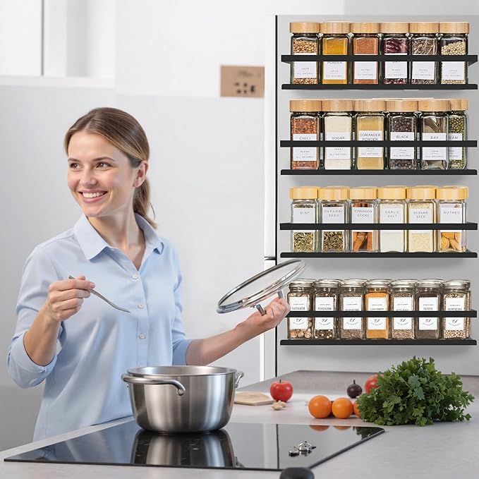 Magnetic Spice Rack Organizer for Fridge Seasoning Organizer for Kitchen Storage With Screw Magnetic Shelf for Oven, RV,Garage,Bathroom(Black, 4pack)