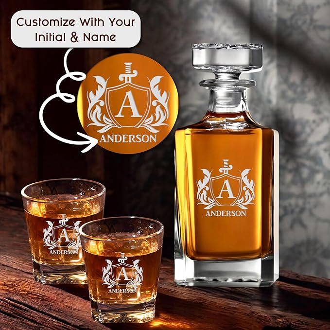 Personalized Rectangle Whiskey Decanter Set for Men 700ml Luxury Gift for Dad, Him, Boyfriend - Liquor Decanters with 2 or 4 Glasses for Birthday, Retirement, Weddings - 24 Engraved Design Options
