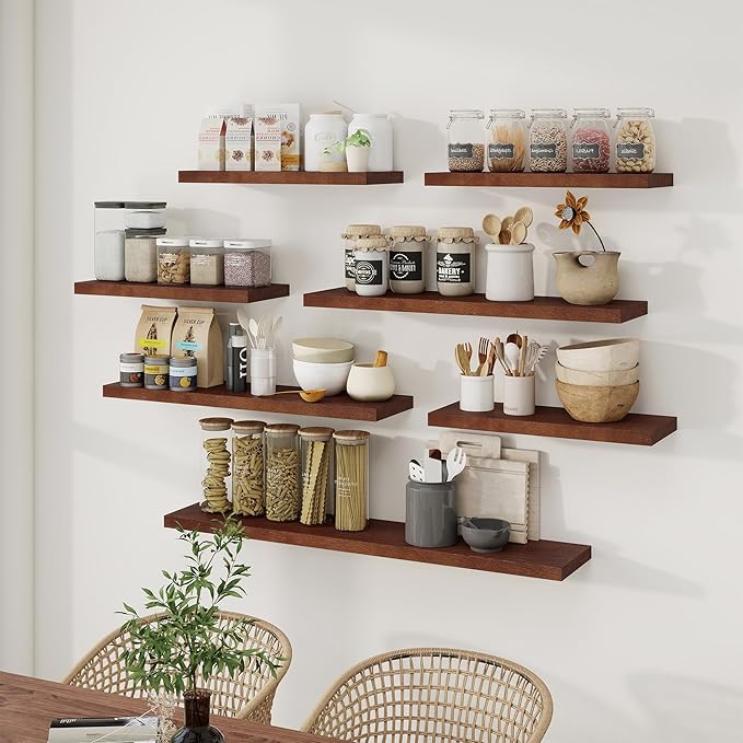 Fun Memories Solid Oak Wood Floating Shelves, 9.3 Inch Deep Natural Wood Shelf with Invisible Heavy Duty Bracket for Bathroom Bedroom Kitchen - 36inch Set of 2, Walnut