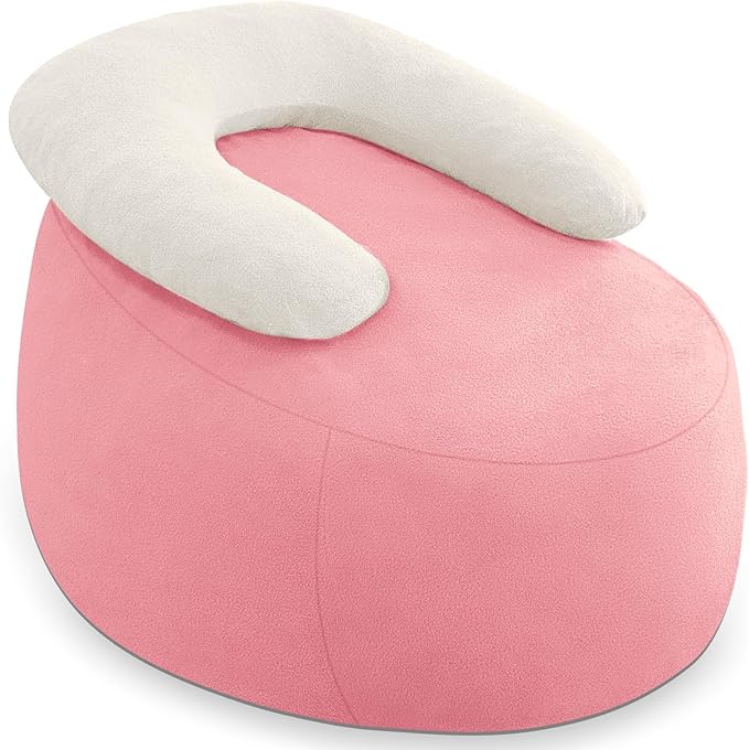 HABUTWAY Bean Bag Chair with U-Shaped Pillow for Adult and Kids Big BeanBag Chair with Filling Ultra Soft Teddy Fleece Couch Chair with Washable Cover for Living Room Bedroom Office, Beige-Light Pink