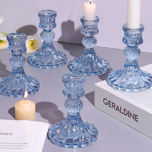 12PCS Blue Candlestick Holders Set- 4" H Taper Candle Holders, Glass Candle Holders Bulk for Wedding, Party, Home Table Centerpieces, Festival Gifts & Windowsill Decor