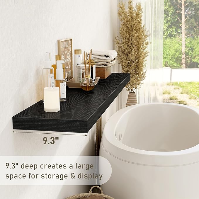 Fun Memories 55 Inch Floating Shelves for Wall 2 Pack Shelves for Bedroom|Kitchen|Bathroom 55 x 9.3 Inch Wood Floating Shelf with Invisible Brackets for Books|Storage|Decor, Black