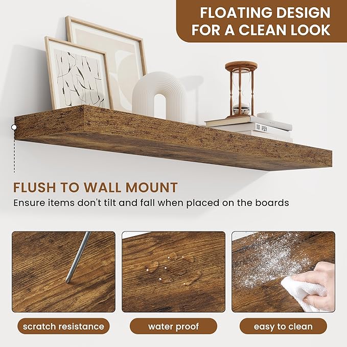 fuqing Floating Shelves for Wall, Bathroom Shelf Wall Mounted for Storage, Shelves with Invisible Bracket for Bedroom, Kitchen, Living Room, Farmhouse Small Book Shelf, 36 Inch Set of 2, Rustic Brown