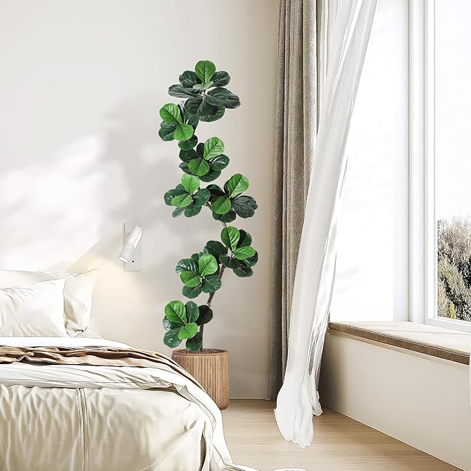 GarveeHome Fiddle Leaf Fig Artificial Tree with White Planter,7ft Faux Plants Indoor with Moss, Fake Rubber Tall Fake Floor Plant in Pot - Artificial Trees for Home Office Living Room Decor