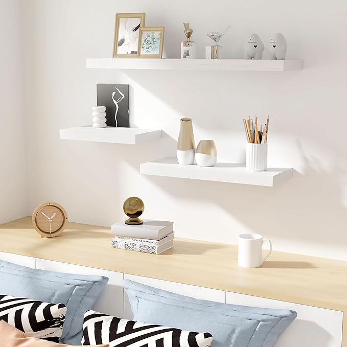 Fun Memories Deep Floating Shelves - 16" W x 9" D x 1.6" H Rustic White Wall Shelf - Wall Mounted Shelves for Storage - Wooden Shelves with Invisible Brackets for Living Room, Farmhouse - Set of 2