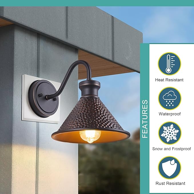 Gooseneck Outdoor Wall Light Fixtures, 2-Pack Farmhouse Barn Lights for Porch, Industrial Oil-Rubbed Bronze Exterior Wall Sconce for Garage, Patio, E26 Base Anti-Rust, Bulb not Included