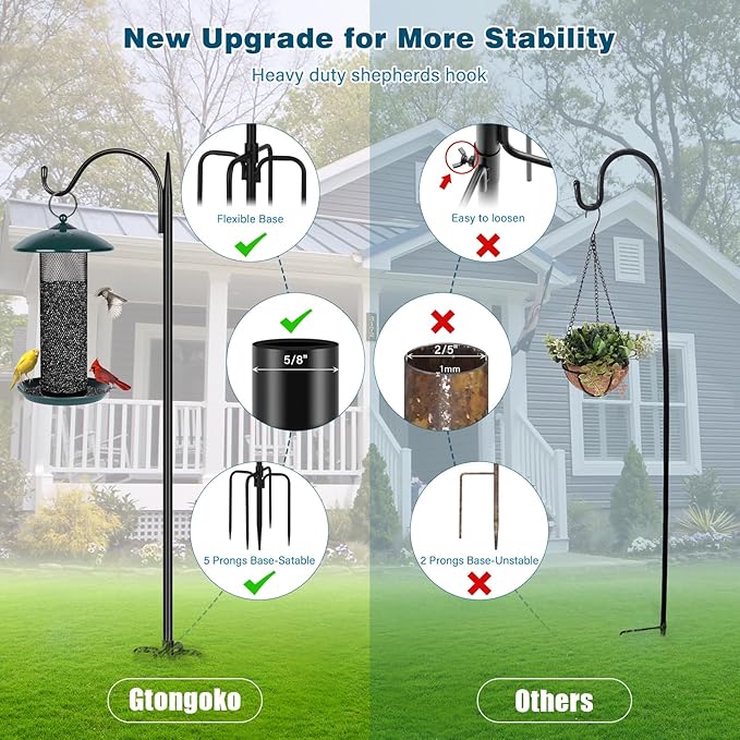 Gtongoko 47 inch Small Shepherds Hooks for Outdoor with 5 Prongs, Adjustable Bird Feeder Pole Garden Hooks for Hanging Lanterns, Plants Baskets, Hummingbird Feeders, 1 Pack