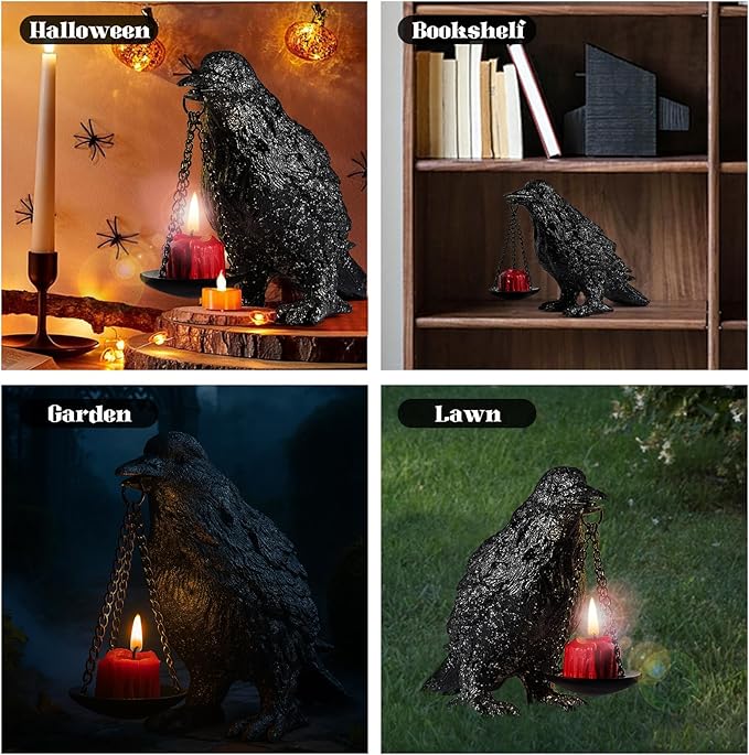 Gothic Crow Lamp Tealight Candle Holder Raven Statue for Indoor Outdoor Decor Halloween Garden Resin Statue Black Stone