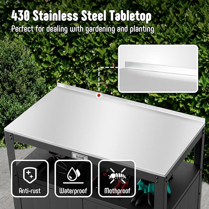 Garden Potting Bench with Storage Cabinet,Outdoor Gardening Table & Work Bench for Plants, Horticulture,Outdoor Workstation with Stainless Steel Tabletop,Outdoor Work Table